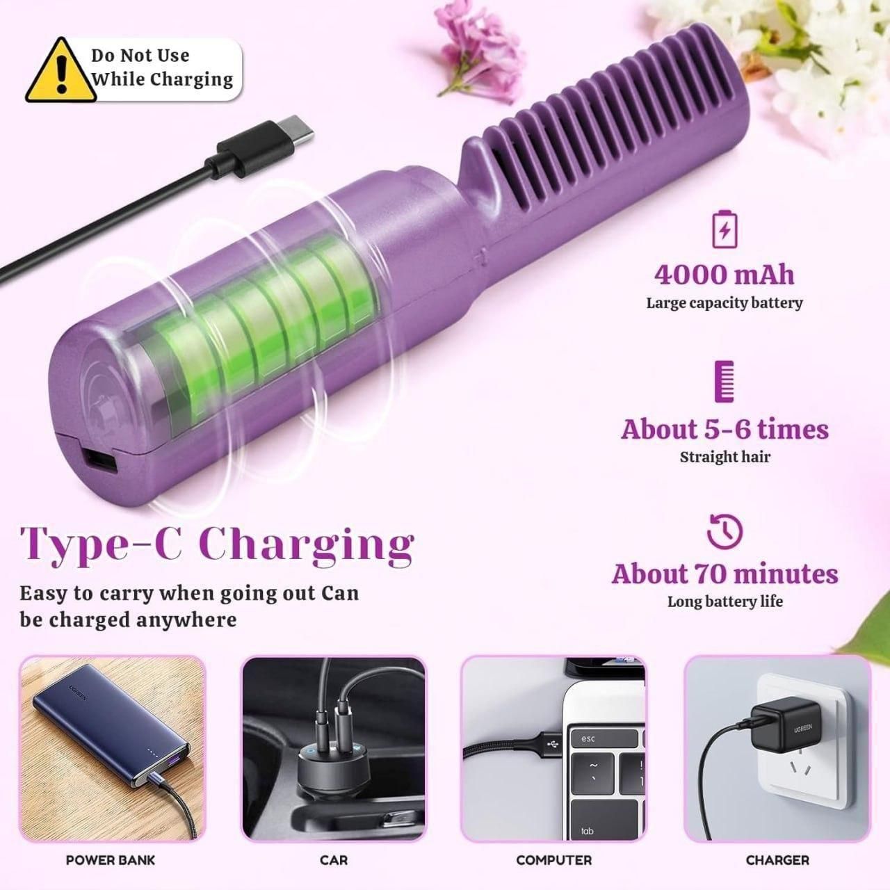 Portable Mini Straightener Comb (USB-C, Travel-Size)